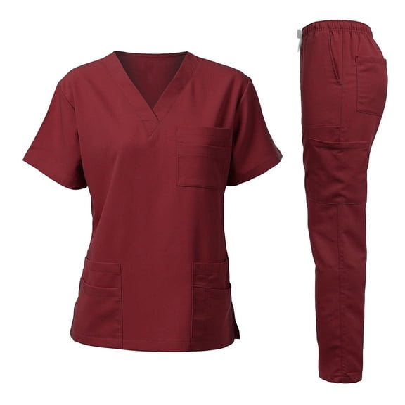 Scrubs for Women Set 2 Piece Stretch V Neck Scrub Top Jogger Pant with Cargo Pockets 2025 Wine XXL