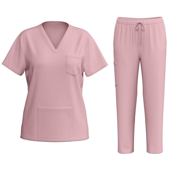 Scrubs for Women Set 2 Piece Stretch V Neck Scrub Top Jogger Pant with Cargo Pockets Pink L