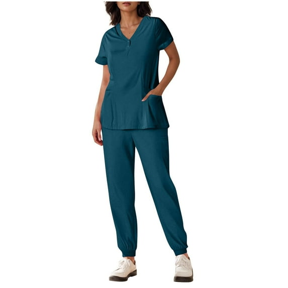 Scrubs for Women Set 2025 Summer Medical Uniform Stretch V-Neck Scrub Top and Jogger Pant with Pocket 2 Piece Outfit
