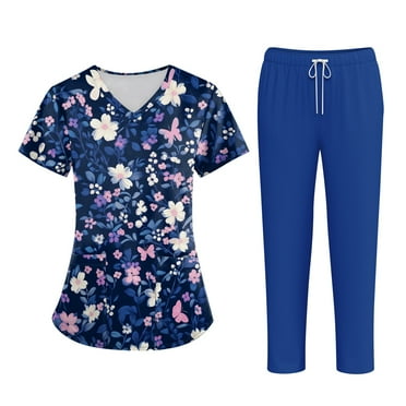 Scrubs for Women Set Casual Solid Medical Nursing Uniform Stretch V-Neck Floral Printed Scrubs Top & Jogger Pant with Pockets 01-Blue