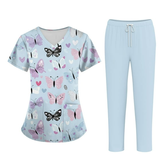 Scrubs for Women Set Casual Solid Medical Nursing Uniform Stretch V-Neck Floral Printed Scrubs Top & Jogger Pant with Pockets 01-Light Blue
