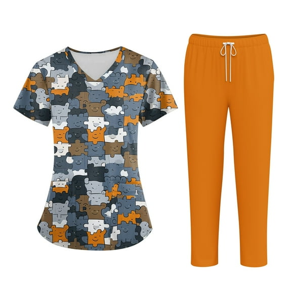 Scrubs for Women Set Casual Solid Medical Nursing Uniform Stretch V-Neck Floral Printed Scrubs Top & Jogger Pant with Pockets 02-Orange