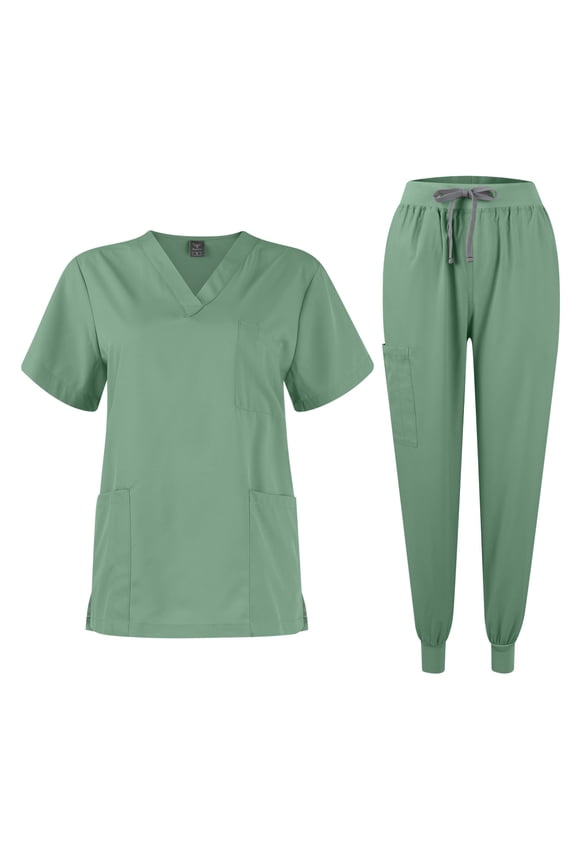 Scrubs for Women Set Casual Solid Medical Uniform Stretch V-Neck Scrub Top & Jogger Pant with Pockets Green M