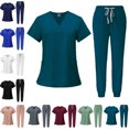 thumbnail image 1 of Scrubs for Women Set Casual Solid Medical Uniform Stretch V-Neck Scrub Top & Jogger Pant with Pockets,Turquoise L, 1 of 8