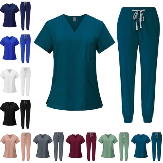 Scrubs for Women Set Casual Solid Medical Uniform Stretch V-Neck Scrub Top & Jogger Pant with Pockets,Turquoise L