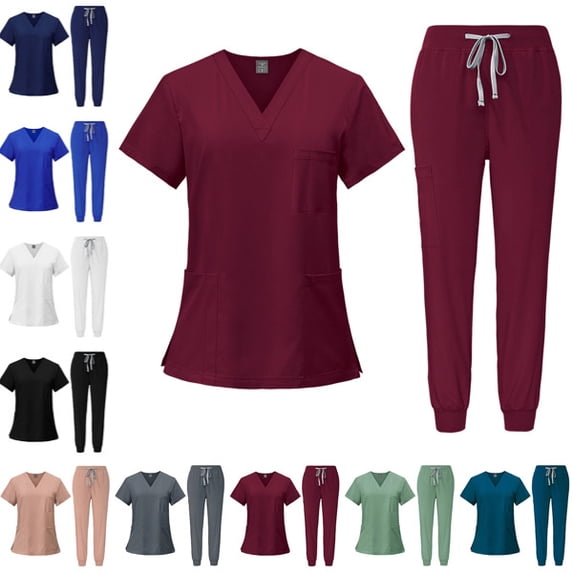 Scrubs for Women Set Casual Solid Medical Uniform Stretch V-Neck Scrub Top & Jogger Pant with Pockets,Wine S