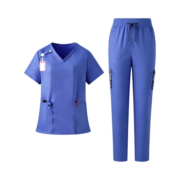Scrubs for Women Set Curved V-Neck Scrub Top Jogger Pants with Multiple Pockets Blue M
