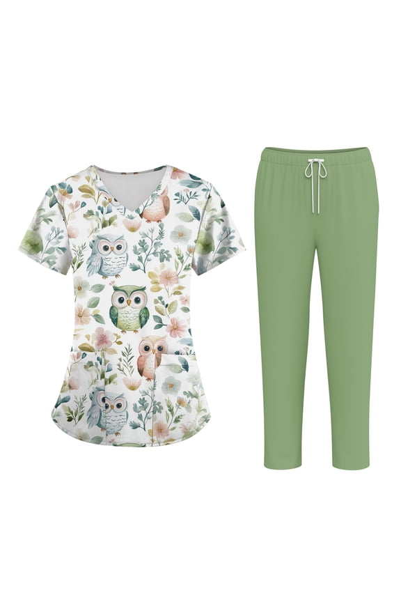 Scrubs for Women Set Cute Print Tops Short Sleeve Cartoon Pattern V Neck Stretchy Nursing Uniform Set with Pockets