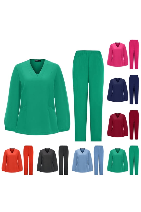 Scrubs for Women Set Long Sleeve Nursing Uniform with Pockets Two Piece Stretch V Neck Workwear, #03 Dark Green, S