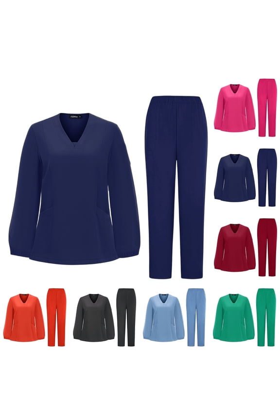 Scrubs for Women Set Long Sleeve Nursing Uniform with Pockets Two Piece Stretch V Neck Workwear, #03 Navy, M