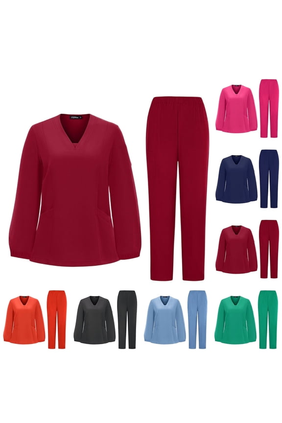 Scrubs for Women Set Long Sleeve Nursing Uniform with Pockets Two Piece Stretch V Neck Workwear, #03 Wine, M