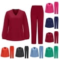 thumbnail image 1 of Scrubs for Women Set Long Sleeve Nursing Uniform with Pockets Two Piece Stretch V Neck Workwear, #03 Wine, S, 1 of 6