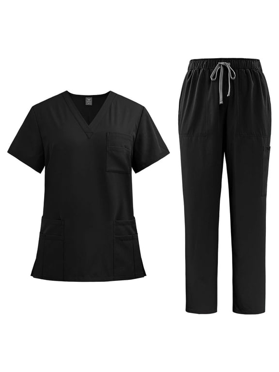 Scrubs for Women Set Medical Scrub Tops and Drawstring Pants Soft Nursing Uniform Scrubs Set Solid Stretch Workwear