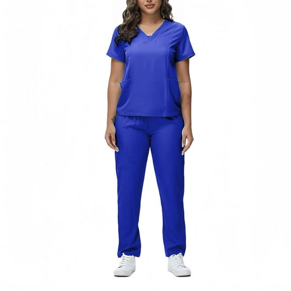 Scrubs for Women Set – Medical Uniform, Binding Top and Drawstring Pants Womens Scrub Sets Royal Blue L