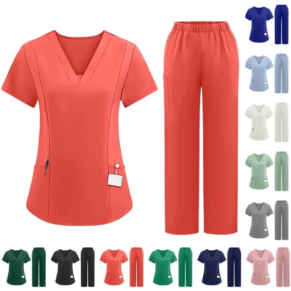 Scrubs for Women Set Medical Uniform Stretch Short Sleeve Vneck Top & Straight Leg/Jogger Pants with Mutli Pockets Red,XL