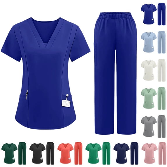 Scrubs for Women Set Medical Uniform Stretch Short Sleeve Vneck Top & Straight Leg/Jogger Pants with Mutli Pockets Royal Blue,M