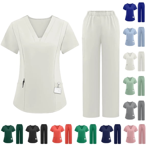 Scrubs for Women Set Medical Uniform Stretch Short Sleeve Vneck Top & Straight Leg/Jogger Pants with Mutli Pockets White,S