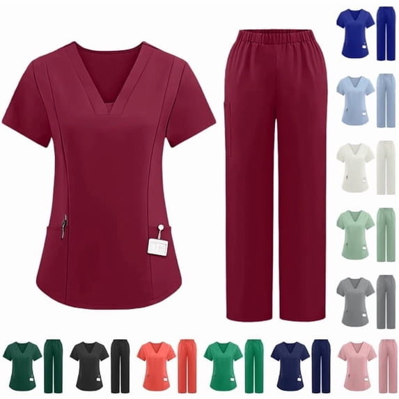 Scrubs for Women Set Medical Uniform Stretch Short Sleeve Vneck Top & Straight Leg/Jogger Pants with Mutli Pockets Wine,XXL