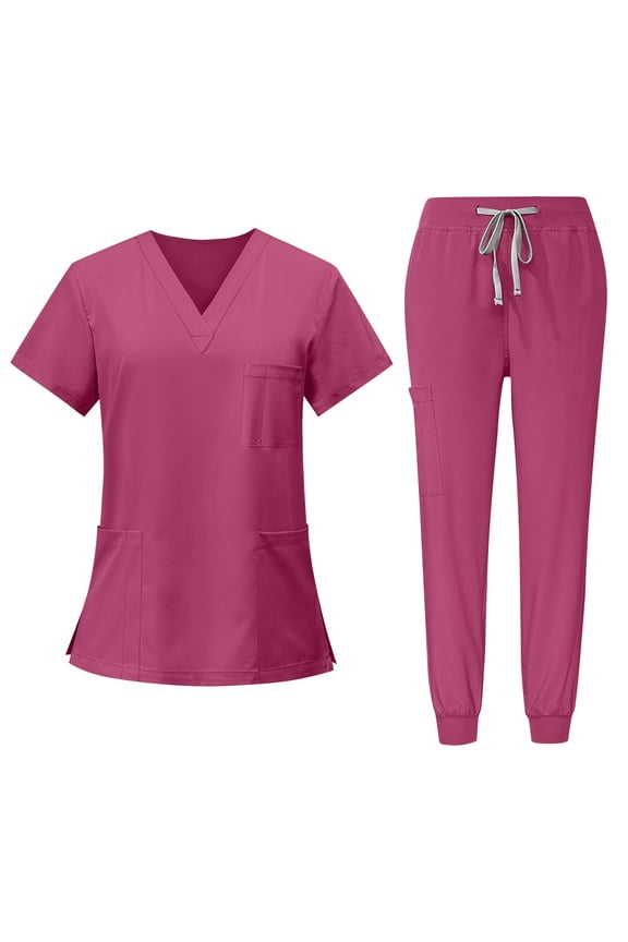 Scrubs for Women Set, Modern V Neck Scrub Top & Jogger Pant with 8 Pockets Professionals Soft Stretch Athletic Nursing Uniform Workwear (Hot pink)