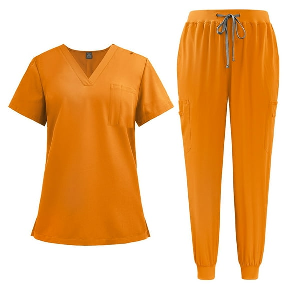 Scrubs Set for Women, Modern V Neck Scrub Top & Jogger Pant with 8 Pockets Professionals Soft Stretch Medical Nursing Uniforms Set orange Large