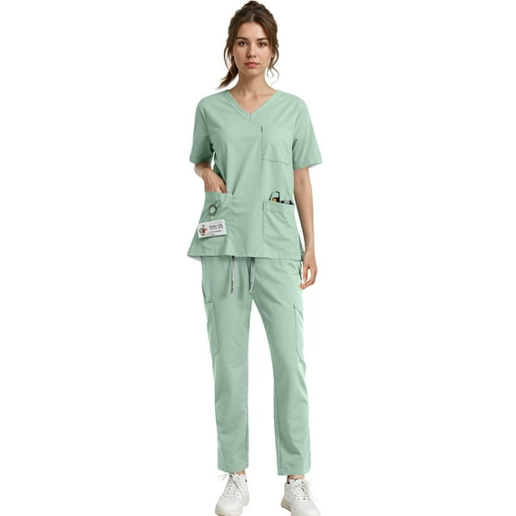 Scrubs for Women Set, Modern V Neck Scrub Top & Jogger Pant with 8 Pockets Professionals Soft Stretch Medical Nursing Uniforms Set (Mint green)