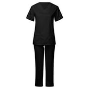 Scrubs for Women Set Nurse Medical Uniform Solid Stretchy Scrubs Suit V Neck Pocket Top Shirts Wide Leg Jogger Pants