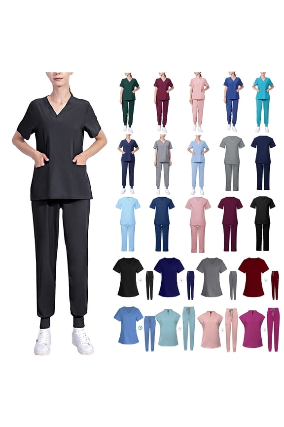 Scrubs for Women Set Nurse Medical Uniform Solid Stretchy Scrubs Suit V Neck Pocket Top Shirts Wide Leg Jogger Pants