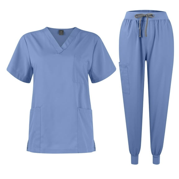 Scrubs for Women Set Nurse Uniform Scrubs 4 Way Stretch V-Neck Scrub Top & Jogger Pant with 5 Pockets Scrub Set Light Blue S