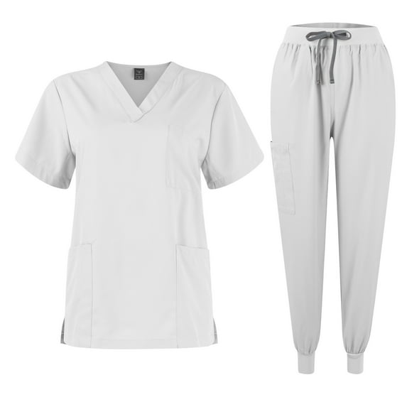 Scrubs for Women Set Nurse Uniform Scrubs 4 Way Stretch V-Neck Scrub Top & Jogger Pant with 5 Pockets Scrub Set White S