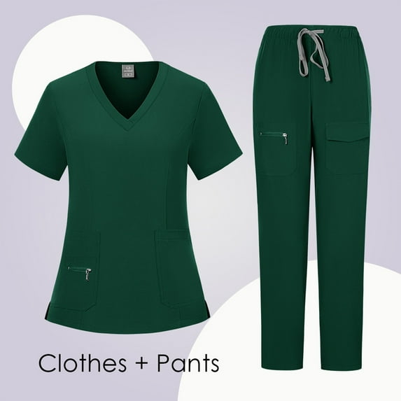 Scrubs for Women Set Plus Size Medical Scrub Sets Stretchy V-Neck Scrub Pants and Tops Scrubs Nurse Uniforms with Pockets Dark Green S