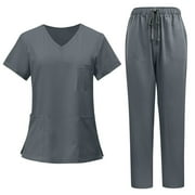 Scrubs for Women Set Plus Size V-Neck Scrub Tops & Straight Leg Pants Drawstring Nursing Uniforms Stretch Workwear S-5XL Gray S