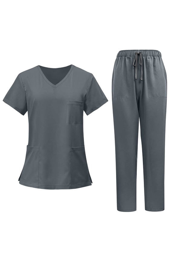 Scrubs for Women Set Plus Size V-Neck Scrub Tops & Straight Leg Pants Drawstring Nursing Uniforms Stretch Workwear S-5XL Gray S