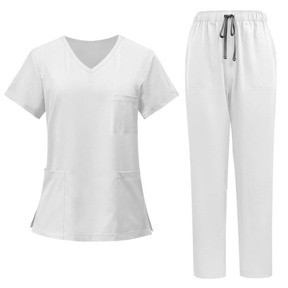 Scrubs for Women Set Plus Size V-Neck Scrub Tops & Straight Leg Pants Drawstring Nursing Uniforms Stretch Workwear S-5XL White XXXL
