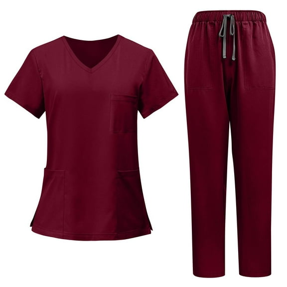 Scrubs for Women Set Plus Size V-Neck Scrub Tops & Straight Leg Pants Drawstring Nursing Uniforms Stretch Workwear S-5XL Wine XXXL