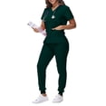 thumbnail image 1 of Scrubs for Women Set Pocket Top & Drawstring Jogger Scrub Pants Stretch Nursing Scrubs Set Uniform Dark Green XL, 1 of 5