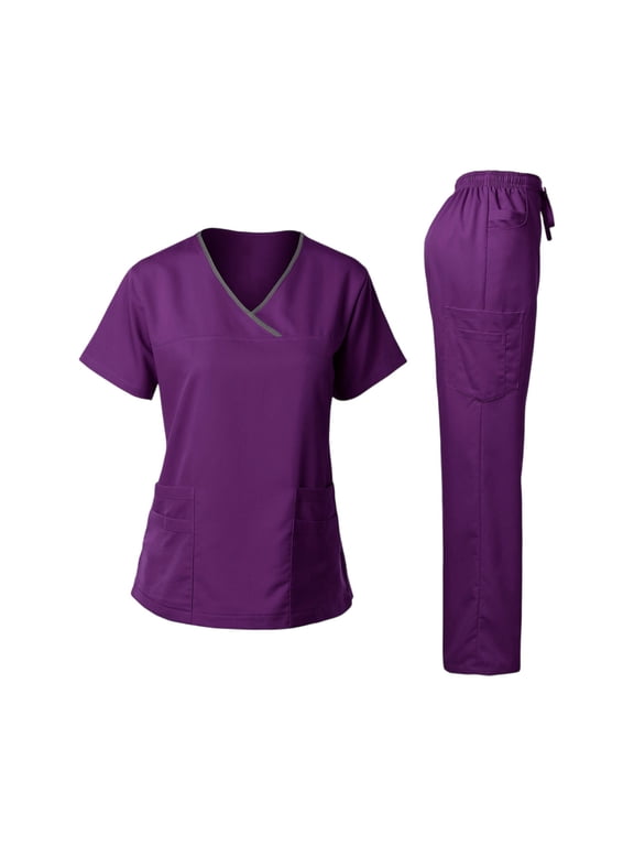 Scrubs for Women Set Pocket Top & Drawstring Jogger Scrub Pants Stretch Nursing Scrubs Set Uniform Dark Purple S