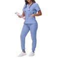 thumbnail image 1 of Scrubs for Women Set Pocket Top & Drawstring Jogger Scrub Pants Stretch Nursing Scrubs Set Uniform Light Blue 2XL, 1 of 5