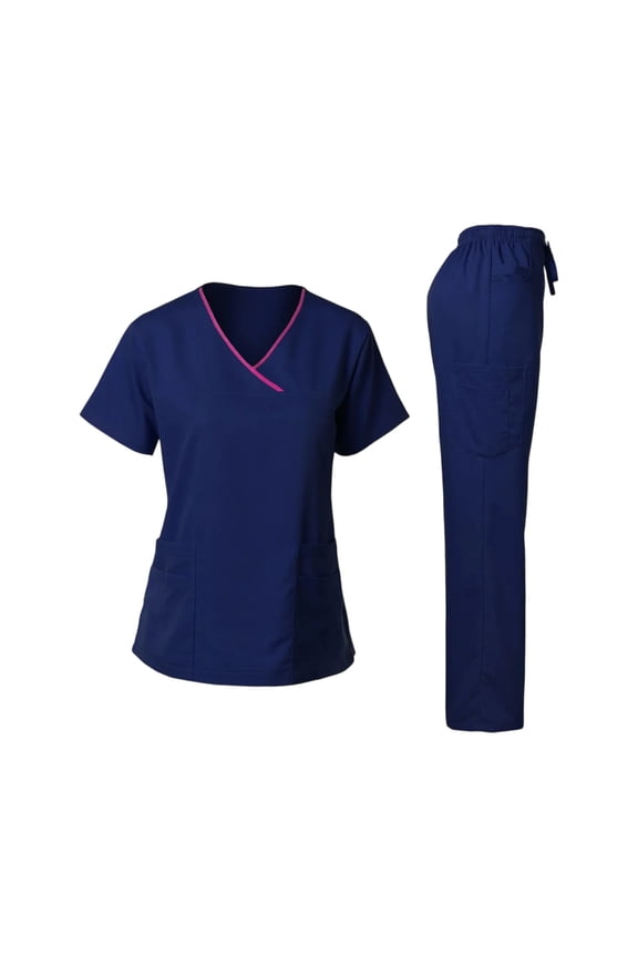 Scrubs for Women Set Pocket Top & Drawstring Jogger Scrub Pants Stretch Nursing Scrubs Set Uniform Navy S