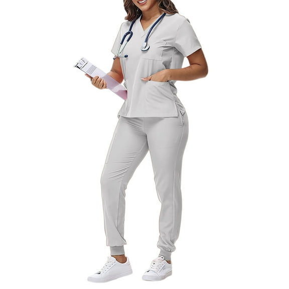 Scrubs for Women Set Pocket Top & Drawstring Jogger Scrub Pants Stretch Nursing Scrubs Set Uniform White L