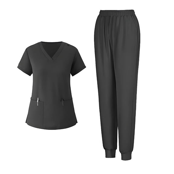 Scrubs for Women Set - Pockets V-Neck Nursing Top & Drawstring Jogger Pants, Stretch Comfortable Medical Uniform Black S