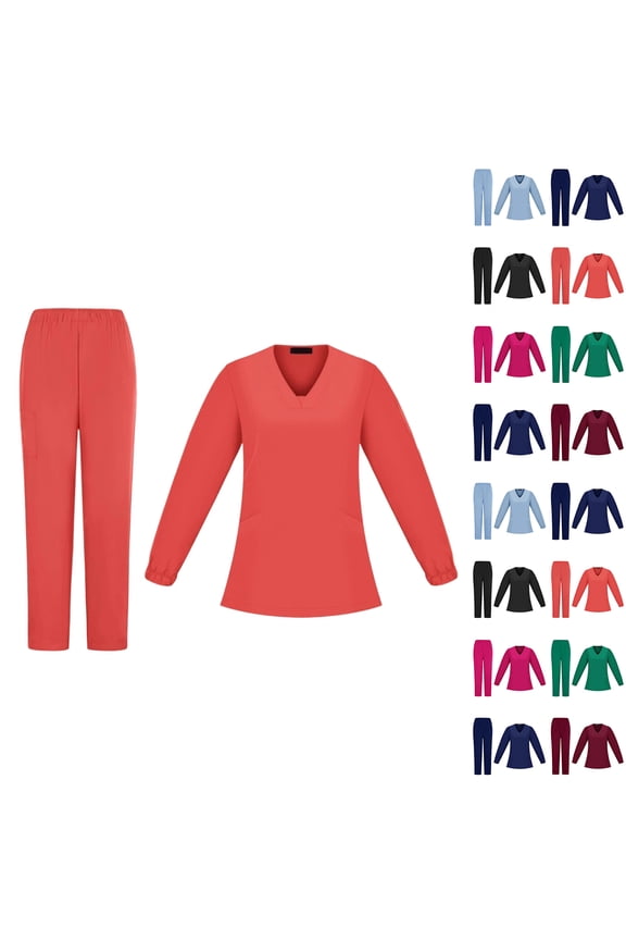 Scrubs for Women Set Quick Drying Nurse Uniform Stretch Long Sleeve Scrubs Tops & Tapered Pants Medical Scrub Sets Red M