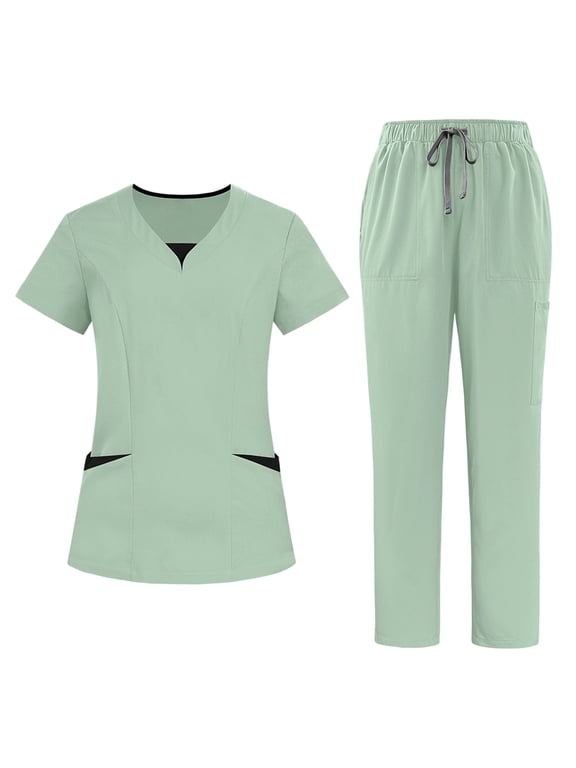 Scrubs for Women Set Quick Drying Solid Medical Nurse Uniform Stretch V-Neck Scrub Top & Cargo Pant Jogger Scrub Set Mint Green M