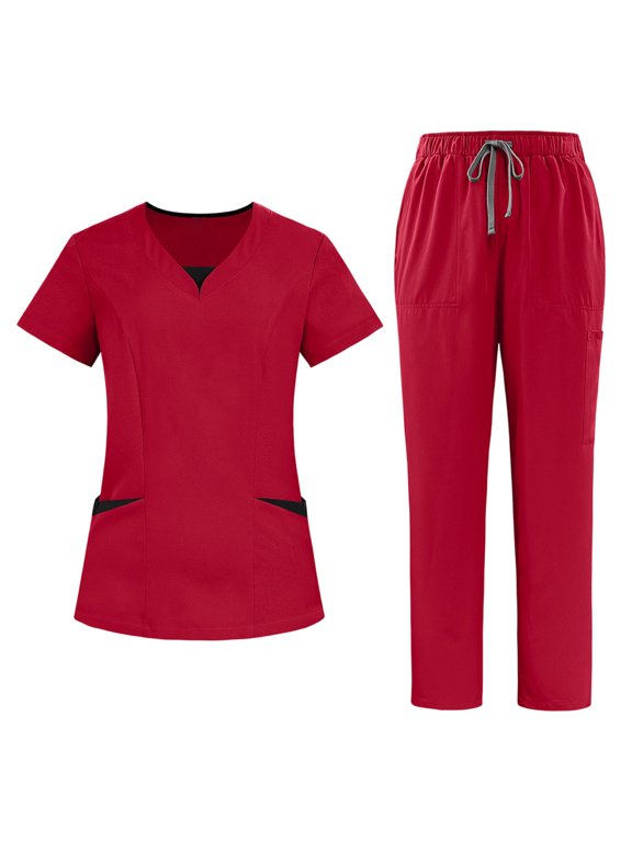 Scrubs for Women Set Quick Drying Solid Medical Nurse Uniform Stretch V-Neck Scrub Top & Cargo Pant Jogger Scrub Set Red L