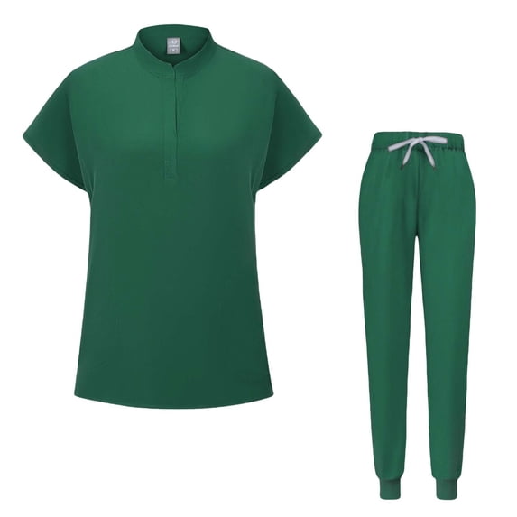 Scrubs for Women Set Semi High Collar Short Sleeves Tops & Drawsting Scrub Pants Solid Color Medical Uniform Scrub Set Green S-2xL