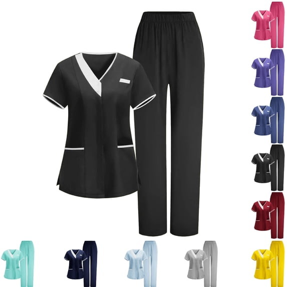 Scrubs for Women Set Short Sleeve V Neck Classic Scrub Top and Straight Leg Scrub Pants Medical Uniforms for Nurses Hospital Workwear Black M