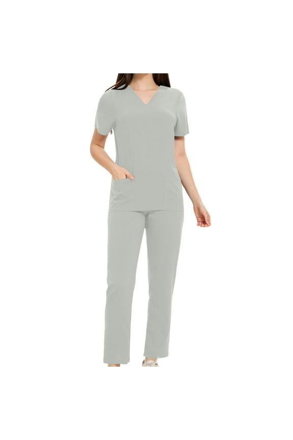 Scrubs for Women Set Short Sleeve V-Neck T Shirt and Elastic Waist Long Pants 2 Piece Nursing Uniform Outfits S-2XL