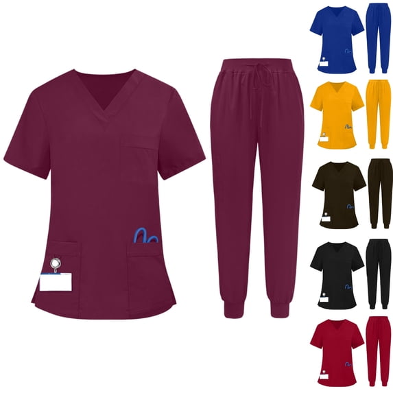 Scrubs for Women Set Short Sleeve V-Neck Tops with Pocket & Jogger Pants with Drawstring