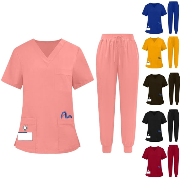 Scrubs for Women Set Short Sleeve V-Neck Tops with Pocket & Jogger Pants with Drawstring