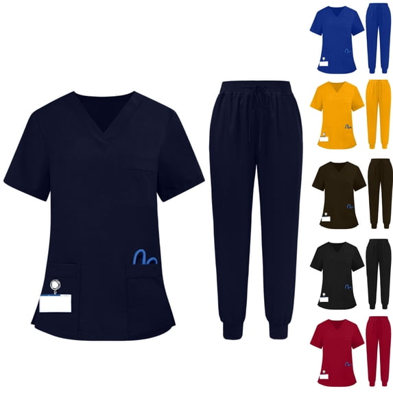 Scrubs for Women Set Short Sleeve V-Neck Tops with Pocket & Jogger Pants with Drawstring