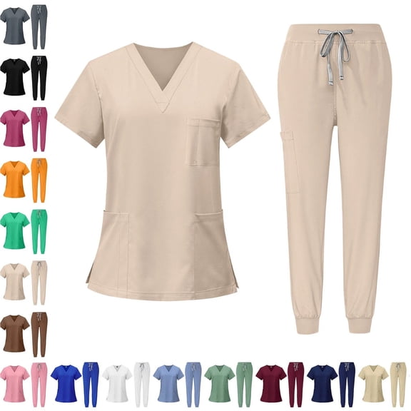 Scrubs for Women Set,Soft Mock Collar Scrub Top & Jogger Scrub Pant,multi Pockets,Relaxed Fit Stretch Nurse Uniform Sets Beige M